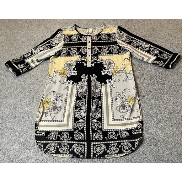 Fig And Flower Floral Tunic Blouse M Black Gray Crepe Boho Cottagecore Career - Picture 5 of 15